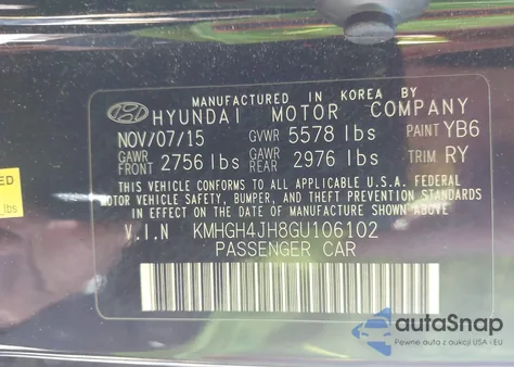 2016 Hyundai Equus Ultimate из США, поврежденный, VIN KMHGH4JH8GU106102